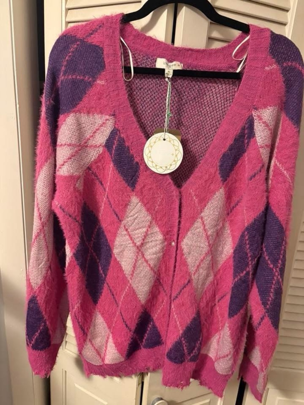 Umgee Pink and Purple Argyle V-Neck sweater